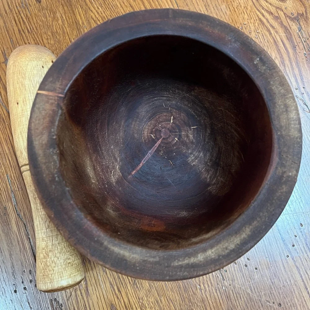 Vintage Solid Wood Mortar and Pestle Set Rustic Cabin Kitchen Decor 6”